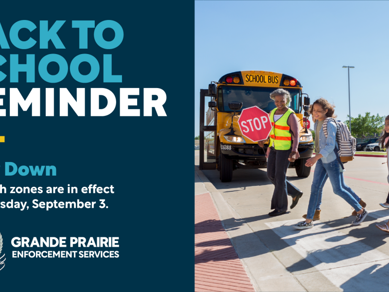 A poster reminding drivers about school zones